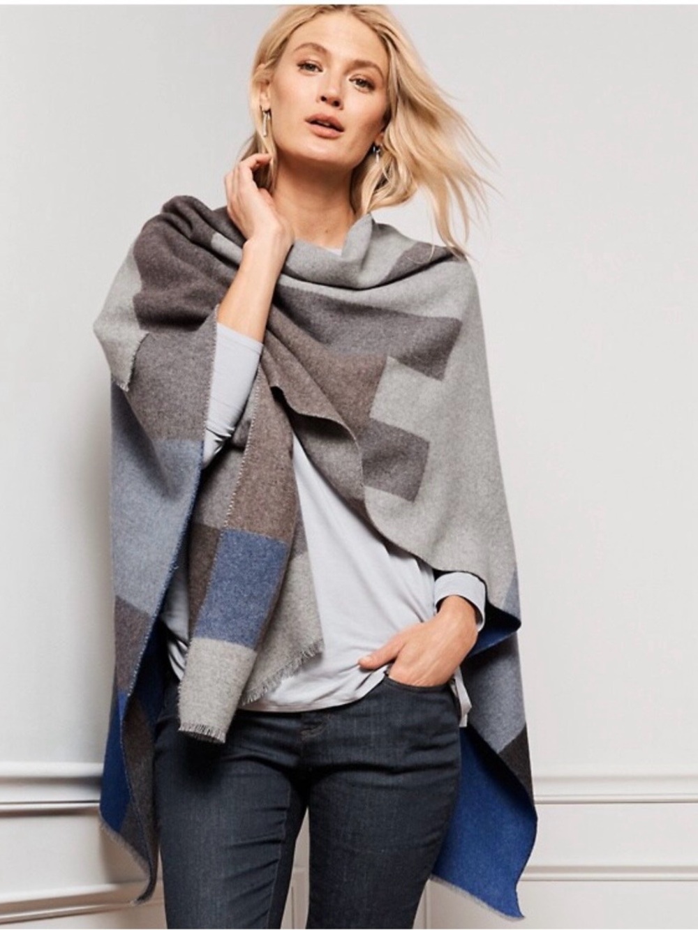 Eileen Fisher Gray Wool Wrap Shawl with Blue Accent